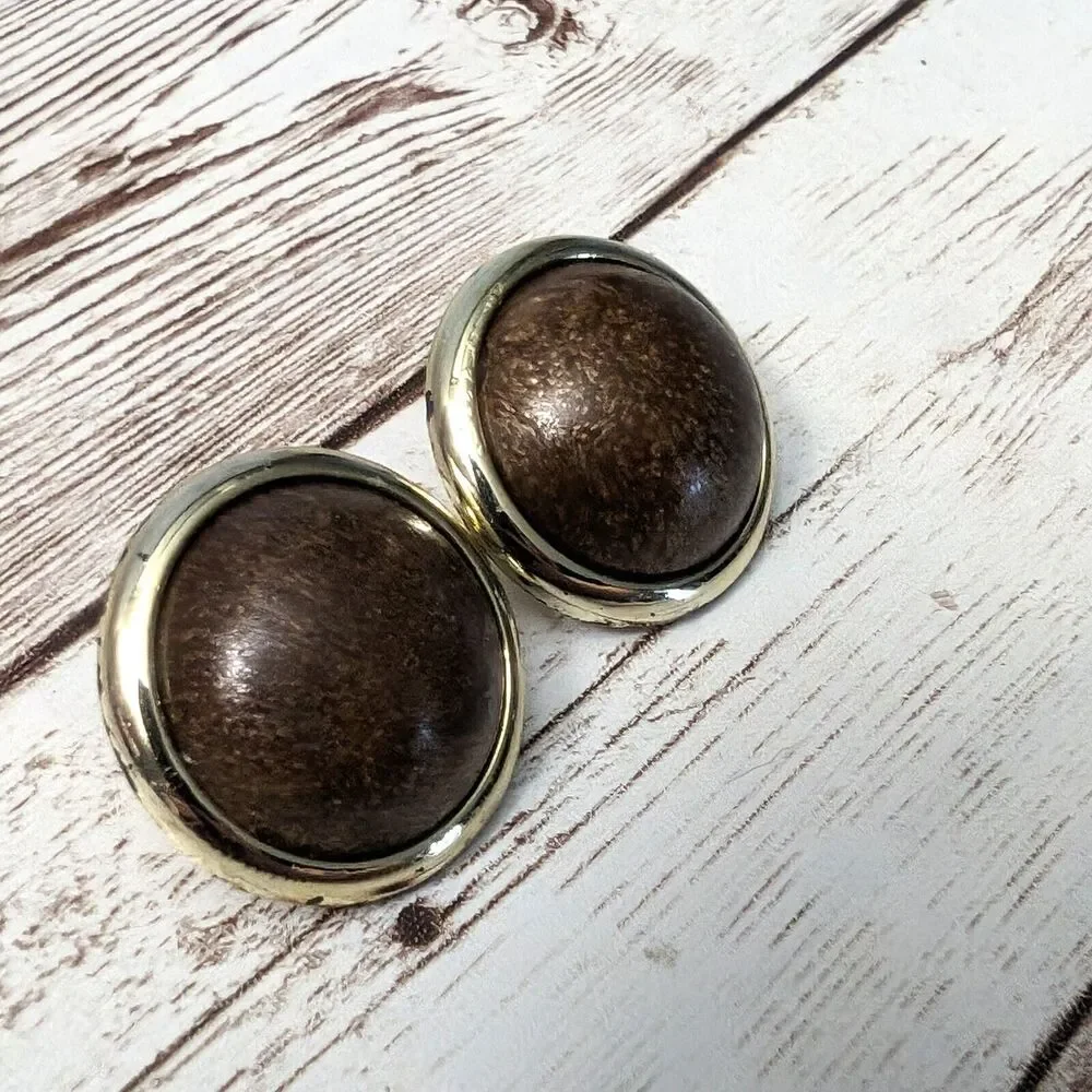 Vintage Clip On Earrings - Domed Patterned Brown with Gold Tone Halo